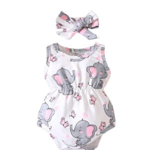 Baby Girl's Printed Elephant Bodysuit With Headband