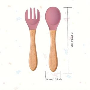 Silicone Feeding Spoon & Fork Set With Wooden Handles