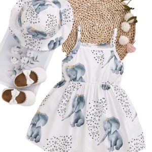 Adorable casual Baby Elephant print girls dress and hat
