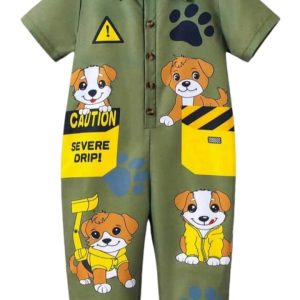 Young boys Puppies construction printed short sleeve overalls