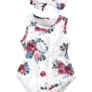 Vintage Collection: Red roses floral girl romper with headband